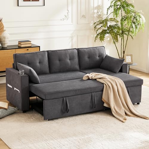 Luxeza Schlafsofa mit Schlaffunktion, L-förmiges Sofa, modernes Design, Polstermöbel, Sofa, Loungesessel mit Stauraum, mit Getränkehalter, Wohnzimmer-Schlafsofa, Links und rechts austauschbar (Grau) von Luxeza