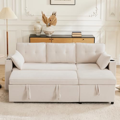 Luxeza Schlafsofa mit Schlaffunktion, L-förmiges Sofa, modernes Design, Polstermöbel, Sofa, Loungesessel mit Stauraum, mit Getränkehalter, Wohnzimmer-Schlafsofa, Links und rechts austauschbar (Beige) von Luxeza