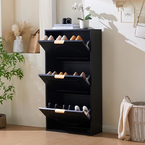 Luxeza Schuhkipper Schmal mit 3 Klappen, Schuhschrank, Schuhschrank Weiss Schuhkommode für Flur Wohnzimmer (Schwarz, 60 x 24 x 114cm) von Luxeza