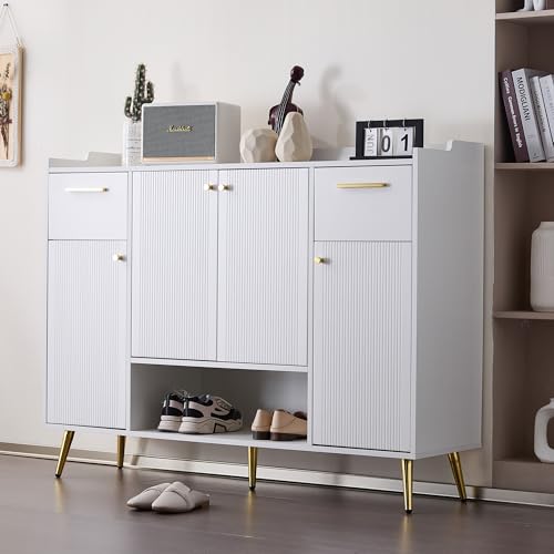 Luxeza Schuhschrank, Schuhregal mit 2 Schubladen und 4 Türen, Metallfüße, Maße: B130/W37/H100 (weiß) von Luxeza