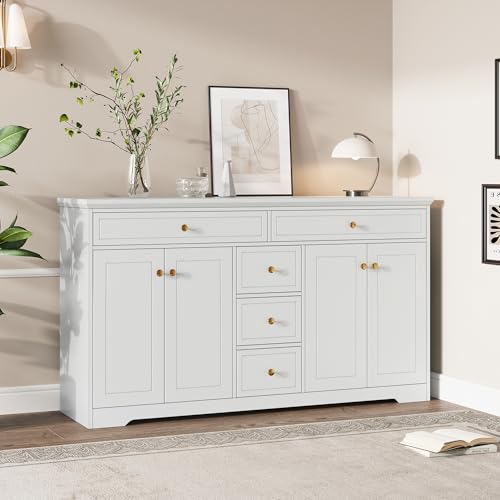 Luxeza Sideboard, Kommode für das Schlafzimmer,Wohnzimmer, Beistelltisch mit 5 Schubladen,Schrank mit verstellbaren Einlegeböden und 4 Türen,150 cm Breite,Weiß aus MDF 150 x 40 x 85 cm Luxeza Sideboard, Kommode für das Schlafzimmer,Wohnzimmer, Beistelltisch mit 5 Schubladen,Schrank mit verstellbaren Einlegeböden und 4 Türen,150 cm Breite,Weiß aus MDF 150 x 40 x 85 cm von Luxeza