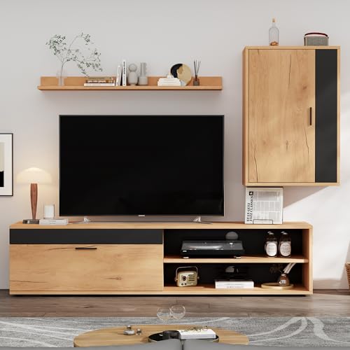 Luxeza TV Wohnwand-Set (Komplett-Set, 3-St),Mediawand inkl.TV-Board, Standregal und Wandregal,TV Wohnzimmermöbel-Set,modernes TV-Schrank,stehend und hängend,Holzfarbe + Schwarz 140 * 35 * 39cm von Luxeza