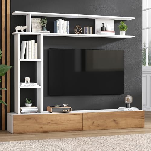 Luxeza TV Wohnwand-Set mit Vitrinen,Mediawand inkl.TV-Board, Standregal und Wandregal,TV Wohnzimmermöbel-Set,TV-Schrank, stehend&hängend,TV bis 80',Weiß + Holzfarbe 180 * 35 * 22.5cm Luxeza TV Wohnwand-Set mit Vitrinen,Mediawand inkl.TV-Board, Standregal und Wandregal,TV Wohnzimmermöbel-Set,TV-Schrank, stehend&hängend,TV bis 80',Weiß + Holzfarbe 180 * 35 * 22.5cm von Luxeza