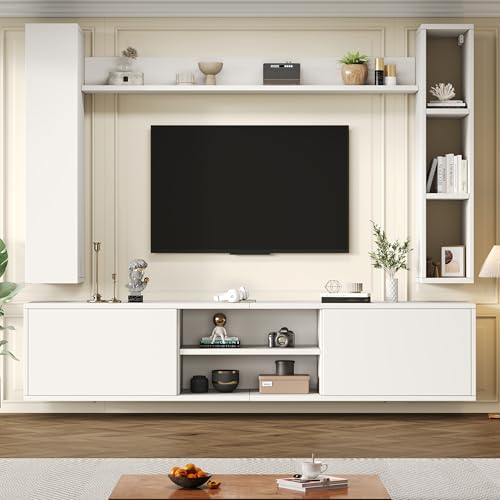 Luxeza TV Wohnwand-Set mit Vitrinen (Komplett-Set, 4-St),Mediawand inkl.TV-Board, Standregal und 2 Wandregal,TV Wohnzimmermöbel-Set,TV-Schrank, stehend&hängend,TV bis 80',Weiß 180 * 35 * 33.5cm von Luxeza