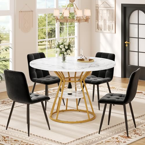 Luxeza Tischset (5-teilig), runder Esstisch100 x 100 x 76 cm (inkl. 4 Stühle), runder Couchtisch für 4 Personen, Samtstuhl (inkl. Esstisch mit Marmorplatte), schwarzer Stuhl (Gold) von Luxeza