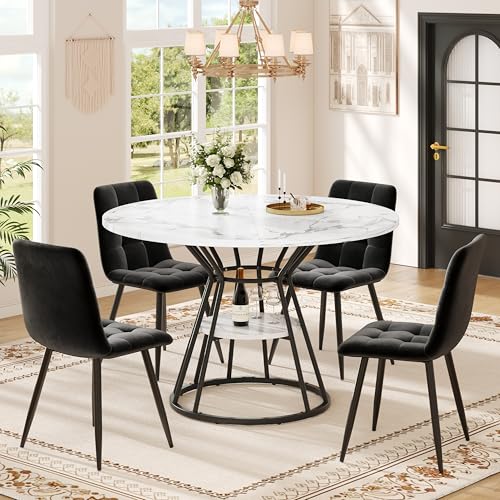 Luxeza Tischset (5-teilig), runder Esstisch100 x 100 x 76 cm (inkl. 4 Stühle), runder Couchtisch für 4 Personen, Samtstuhl (inkl. Esstisch mit Marmorplatte), schwarzer Stuhl (schwarz) von Luxeza