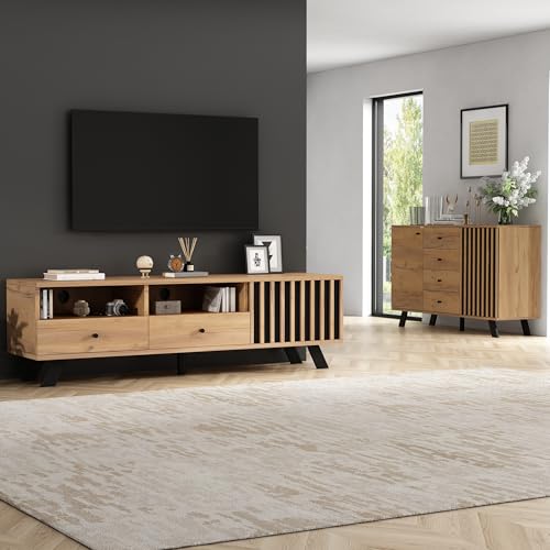 Luxeza Wohnzimmerkombination aus massivem schwarzem Holz (120 cm Sideboard + 150 cm TV-Schrank): 5-lagige Aufbewahrung + 45 kg Tragkraft, geeignet für 60-Zoll-Fernseher von Luxeza