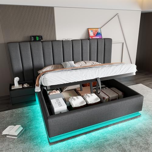 Polsterbett, Doppelbett Stauraumbett mit App Control LED und USB-C Ladefunktion, Bettgestell mit Lattenrost, Ohne Matratze und Nachttisch (Grau+Leinen, 180×200cm) von Luxeza