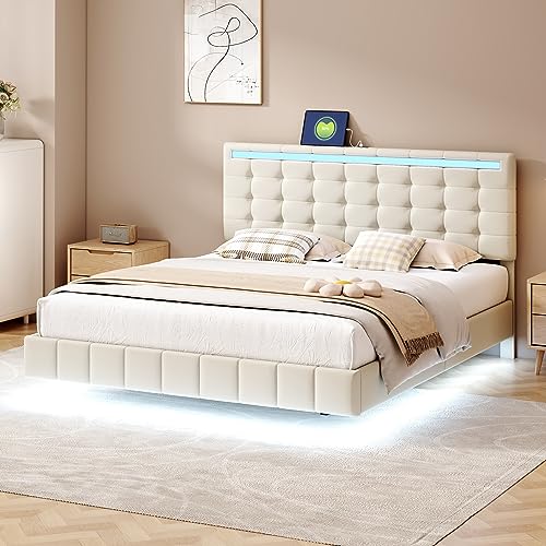 Polsterbett, gepolsterter Schwebebettrahmen mit LED-Leuchten und Kopfteildesign, flächiges Doppelbett-Gästebett in hautfreundlichem Leinen (Beige, 160 x 200 cm) von Luxeza