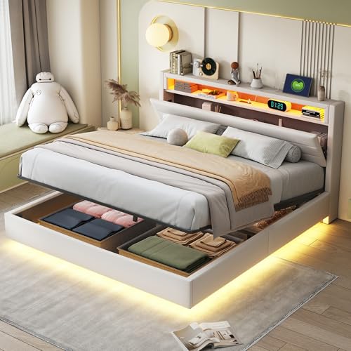 Polsterbett 160x200 cm, Hydraulisches Schwebender Bettrahmen mit Stauraum, Multifunktionales Polsterbett mit USB-Steckdose und LED-Licht, Wendekopfteil, Leinen Beige von Luxeza