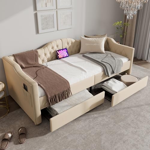 Polsterbett Daybett Schlafsofa Stauraumbetten Bettgestell mit USB Type C Ladefunktion und 2 Schubladen in Linen (Ohne Matratze) (Beige, 90x200cm) von Luxeza
