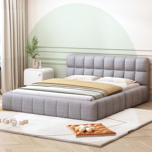 Polsterbett Jugendbett, Doppelbett mit weicher Rückenlehne, Flachbett mit Polsterumrandung, Lattenrost Leinen (Matratze Nicht im Lieferumfang enthalten) (Beige, 140 x 200 cm) von Luxeza