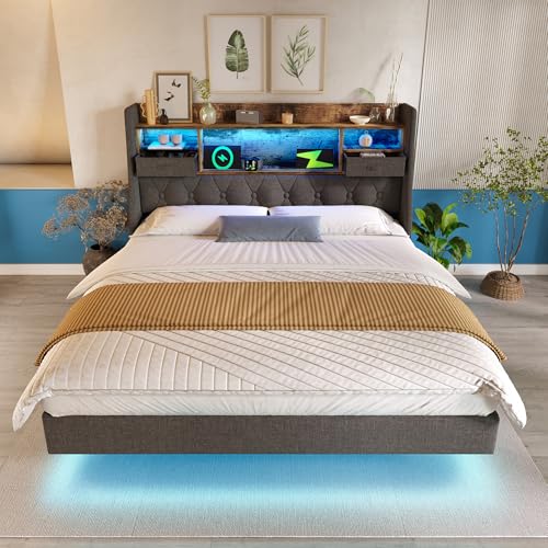 Polsterbett Schwebebett mit LED-Beleuchtung, Kopfteil und Ladestation(1 Type-C, 3 USB-Anschlüsse), Modern Einzelbett mit Stauraum-Kopfteil und lattenrost, Leinen, Grau(Ohne Matratze) (140x200cm) von Luxeza