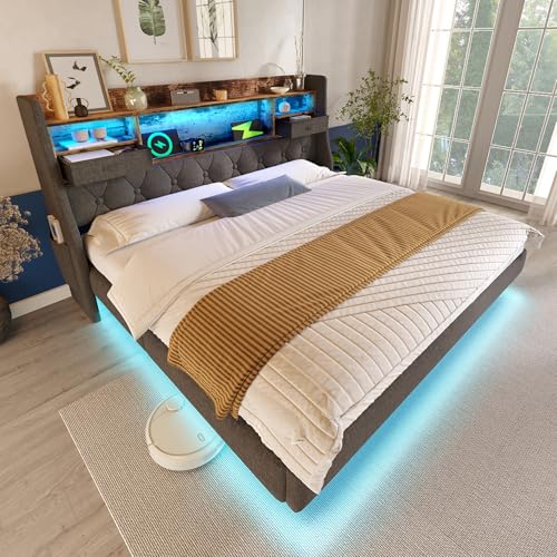Polsterbett Schwebebett mit LED-Beleuchtung, Kopfteil und Ladestation(1 Type-C, 3 USB-Anschlüsse), Modern Einzelbett mit Stauraum-Kopfteil und lattenrost, Leinen, Grau(Ohne Matratze) (180x200 cm) von Luxeza