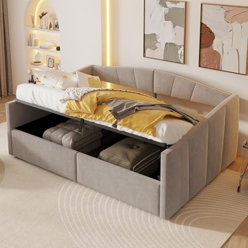 Polsterbett Sofabett, Mit hydraulischer Lagerung, Mit Lattenrost und Armlehnen, Klassische Streifen, Vielseitiges Doppel, Hautfreundlicher Samtstoff(ohne Matratze) (Hellgrau, 140 * 200 cm) von Luxeza