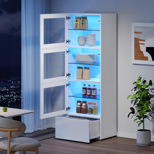 Schrank,Vitrine ausSchranktür aus Acryl, Vitrine Hochglanz Lagerschrank mit LED-Beleuchtung,3 Glasboden, Highboard, Wohnzimmerschrank, Aufbewahrungsschrank,Hochschrank, Sofaschrank,Weiß 60*40*173cm von Luxeza