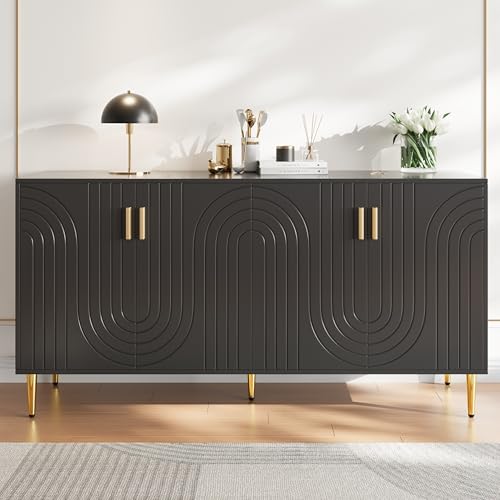 Schwarzes Sideboard (152 x 40 x 75 cm) mit einzigartigem Wellendesign und goldenen Griffen und Füßen, das einen eleganten Essbereich schafft von Luxeza