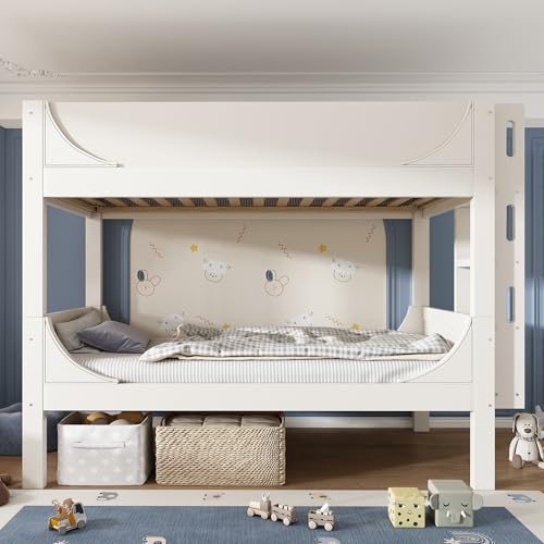 Trennbares Etagenbett 90x200cm mit Flexibel am Kopf-/Fußende montierbarer Leiter, Schlittenform-Design, Aus 1 Bett Werden 2 Einzelbetten, Weiß, EN747-1:2024(Ohne Matratze) von Luxeza