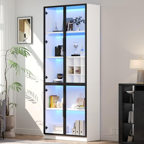 Vitrine, Glasvitrine mit Glastüren mit LED,Hochschrank,Bücherschrank,Standvitrine,Weinschrank Eleganter Sideboard mit Doppeltüren, Glasregal und Weinhalterung 80 * 35 * 200cm von Luxeza