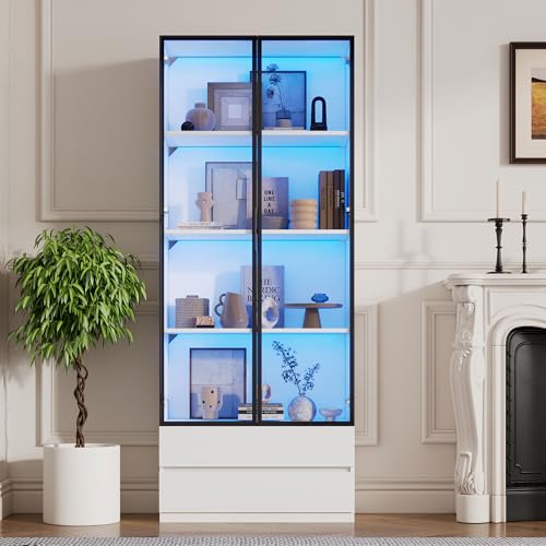 Vitrine, Hochschrank mit LED-Leuchten, Wohnzimmer-Beistellschrank mit 2 Türen,Vitrinenschränke mit 2 Schubladen,Aufbewahrungsregale, Bücherregal, Display Regal,Aluminiumrahmen,Weiß 80*34*200cm von Luxeza