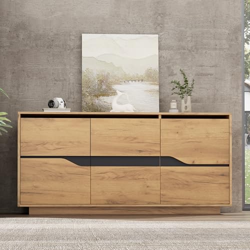 Wohnzimmer Kommode,Sideboards Mit 3 Türen,Esszimmerschrank mit verstellbaren Trennwänden,breite grifflose Schließfächer,vielseitig einsetzbar Sofa-Beistellschrank140*40*76cm (Holzfarbe + Schwarz) von Luxeza