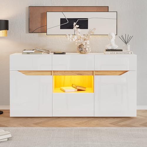 Wohnzimmeranrichte,Sideboards Mit 4 Schubladen,Schrank mit zwei Fächern,breite grifflose Kommode, vielseitig einsetzbar,Hochglanz-Sofa-Beistellschrank mit LED-Beleuchtung,Weiß + Holzfarbe 140*40*70cm Wohnzimmeranrichte,Sideboards Mit 4 Schubladen,Schrank mit zwei Fächern,breite grifflose Kommode, vielseitig einsetzbar,Hochglanz-Sofa-Beistellschrank mit LED-Beleuchtung,Weiß + Holzfarbe 140*40*70cm von Luxeza