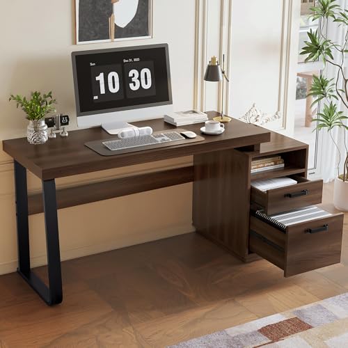 moderner Schreibtisch im minimalistischen Stil, MDF-Schreibtischplatte mit hochwertigem Stahlrohr, super belastbar, multifunktionales Aufbewahrungsdesign, geräuschlose Schublade (161*54*76.4cm) von Luxeza