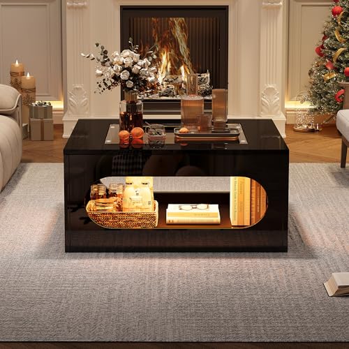 quadratischer Wohnzimmertisch, ausgehöhlter Couchtisch in der Mitte, Teetisch mit Tischplatte aus gehärtetem Glas,Hochglanz LED Wohnzimmer Beistelltisch,Weihnachtsfeiertisch,Schwarz, MDF 70*70*35cm von Luxeza