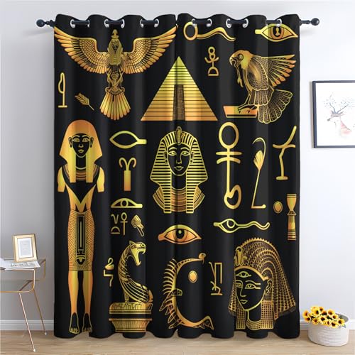 Luxfieo Ägyptische Vorhänge Alter Pharao Gold Schwarz Vorhang Blickdicht Gardinen Verdunklungsvorhänge mit Ösen Thermovorhang für Wohnzimmer Schlafzimmer Fenster Deko 2er Set H 166 x B 75 cm von Luxfieo