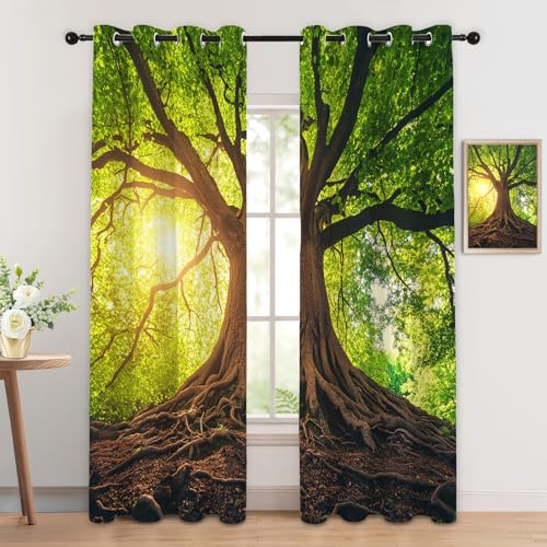 Luxfieo Baum des Lebens Vorhänge Grüner Wald Landschaft Vorhang Blickdicht Gardinen 166 cm Hoch Verdunklungsvorhänge mit Ösen Thermovorhang für Wohnzimmer Schlafzimmer Fenster Deko 2er Set von Luxfieo