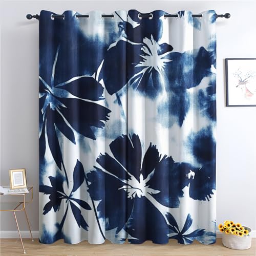 Luxfieo Blumen Vorhänge Aquarell Marineblau Blumen Vorhang Blickdicht Gardinen Verdunklungsvorhänge mit Ösen Thermovorhang für Wohnzimmer Schlafzimmer Fenster Deko 2er Set H 260 x B 140 cm von Luxfieo