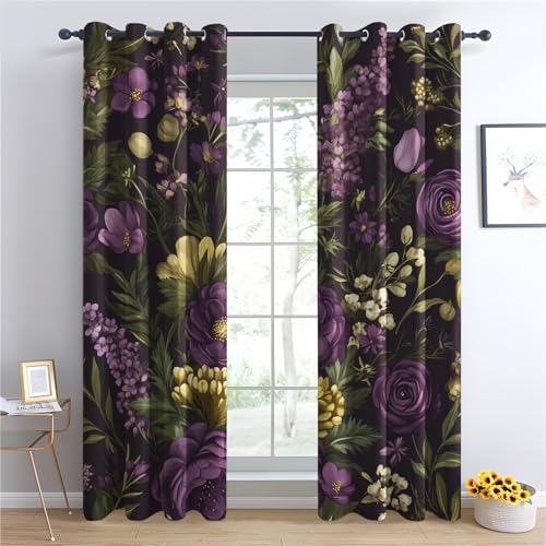 Luxfieo Blumenmuster Vorhänge Lila Blume Lavendel Botanisch Vorhang Blickdicht Gardinen 137 cm Hoch Verdunklungsvorhänge mit Ösen Thermovorhang für Wohnzimmer Schlafzimmer Fenster Deko 2er Set von Luxfieo