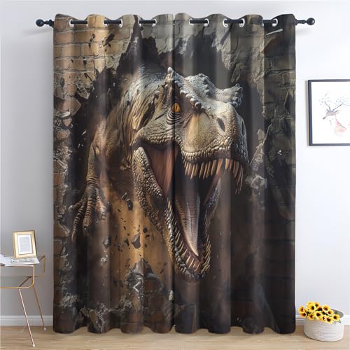 Luxfieo Dinosaurier Vorhänge 3D Dino T-Rex Optische Täuschung Vorhang Blickdicht Gardinen 137 cm Hoch Verdunklungsvorhänge mit Ösen Thermovorhang für Wohnzimmer Schlafzimmer Fenster Deko 2er Set von Luxfieo