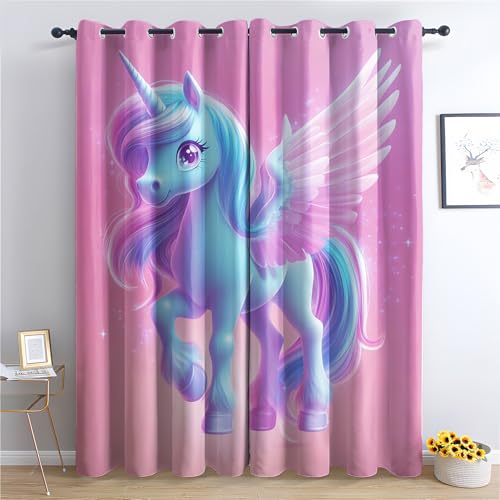 Luxfieo Einhorn Vorhänge Mädchen Cartoon Regenbogen Einhorn Vorhang Blickdicht Gardinen Verdunklungsvorhänge mit Ösen Thermovorhang für Wohnzimmer Schlafzimmer Fenster 2er Set H 137 x B 117 cm T#192 von Luxfieo
