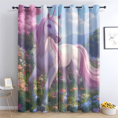 Luxfieo Einhorn Vorhänge Mädchen Fantasy Süße Cartoon Tier Vorhang Blickdicht Gardinen Verdunklungsvorhänge mit Ösen Thermovorhang für Wohnzimmer Schlafzimmer Fenster Deko 2er Set H 260 x B 140 cm von Luxfieo