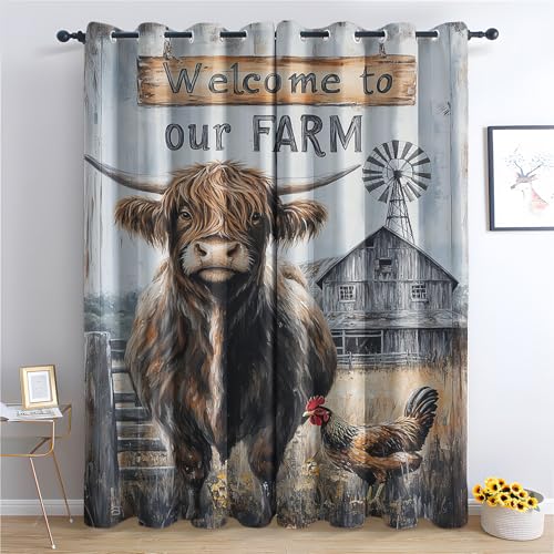 Luxfieo Hochlandrind Vorhänge Hahn Rustikale Bauernhoftiere Vorhang Blickdicht Gardinen Verdunklungsvorhänge mit Ösen Thermovorhang für Wohnzimmer Schlafzimmer Fenster Deko 2er Set H 160 x B 132 cm U# von Luxfieo