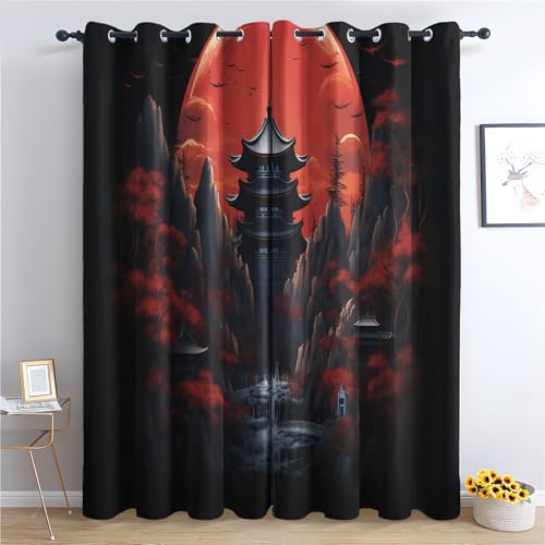 Luxfieo Japanisch Vorhänge Asiatisch Orientalisch Vorhang Blickdicht Gardinen 245 cm Lang Verdunklungsvorhänge mit Ösen Thermovorhang für Wohnzimmer Schlafzimmer Fenster Deko 2er Set W#149 von Luxfieo