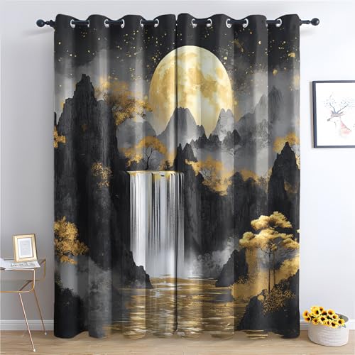 Luxfieo Landschaft Vorhänge Schwarz Gold Berge Wasserfall Vorhang Blickdicht Gardinen 245 cm Lang Verdunklungsvorhänge mit Ösen Thermovorhang für Wohnzimmer Schlafzimmer Fenster Deko 2er Set von Luxfieo