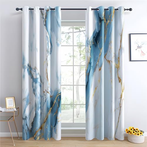 Luxfieo Marmor Vorhänge Blau Weiß Gold Modern Vorhang Blickdicht Gardinen 220 cm Lang Verdunklungsvorhänge mit Ösen Thermovorhang für Wohnzimmer Schlafzimmer Kinderzimmer Fenster Deko 2er Set Q#148 von Luxfieo