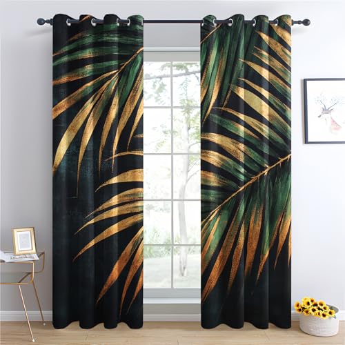 Luxfieo Palmblätter Vorhänge Grün Gold Tropische Blätter Vorhang Blickdicht Gardinen 220 cm Lang Verdunklungsvorhänge mit Ösen Thermovorhang für Wohnzimmer Schlafzimmer Fenster Deko 2er Set U#350 von Luxfieo