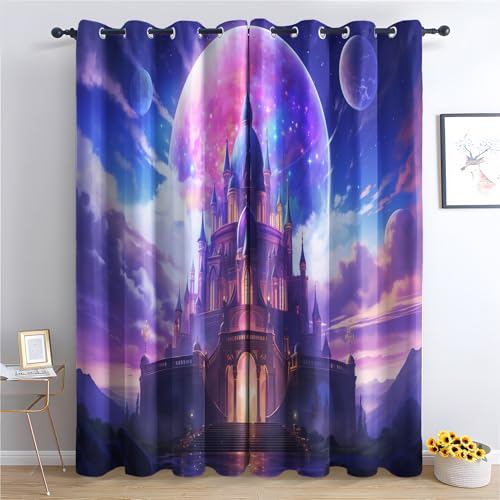 Luxfieo Prinzessin Vorhänge Mädchen Schloss Galaxie Vorhang Blickdicht Gardinen Verdunklungsvorhänge mit Ösen Thermovorhang für Wohnzimmer Schlafzimmer Fenster Deko 2er Set H 220 x B 140 cm von Luxfieo