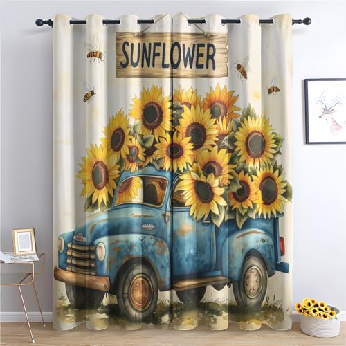 Luxfieo Sonnenblumen Vorhänge Rustikaler Blumenmuster Vorhang Blickdicht Gardinen 160 cm Hoch Verdunklungsvorhänge mit Ösen Thermovorhang für Wohnzimmer Schlafzimmer Kinderzimmer Fenster Deko 2er Set von Luxfieo