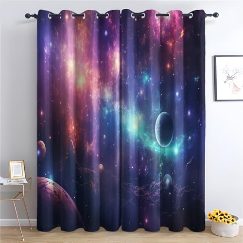 Luxfieo Weltraum Vorhänge Bunte Galaxie Planeten Vorhang Blickdicht Gardinen Verdunklungsvorhänge mit Ösen Thermovorhang für Wohnzimmer Schlafzimmer Fenster Deko 2er Set H 137 x B 117 cm W#455 von Luxfieo