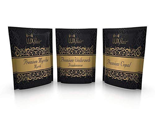 LUXflair 3er Set Premium Weihrauch, Myrrhe, Copal zum Räuchern & Verbrennen auf Räucherkohle, Räucherwerk im 200g XXL-Sparpack für Rituale & Raumduft von Luxflair
