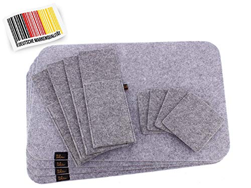 Edles Filz Platzset für 4 Personen, 12-TLG. in Graumeliert. Waschbares Tischset inkl. Platzmatten, Glasuntersetzer, Bestecktaschen von Luxflair