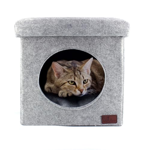 Katzenhöhle-Hocker aus Filz, Kuschelhöhle für Katzen & kleine Hunde mit Sitzauflage, Faltbarer Sitzhocker Sitzbank, Sitzwürfel bis 100kg belastbar von Luxflair