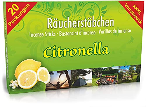 LUXflair 20 Packungen Citronella Räucherstäbchen, Glimmdauer ca. 120h (gesamt). XL Vorrat als Alternative zur Citronella Kerze für draußen/im Garten von Luxflair