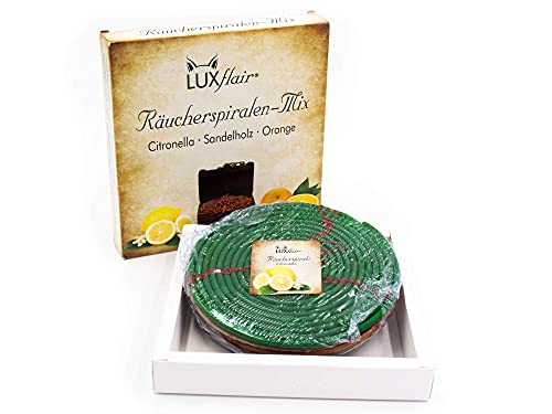 Natürliche Räucherspiralen 3er Set (Citronella, Sandelholz, Orange) 36 Std Brenndauer, für Garten, Outdoor, beim Camping und Grillen. Alternativ zu Räucherstäbchen, Lampenöl, Gartenfackel von Luxflair