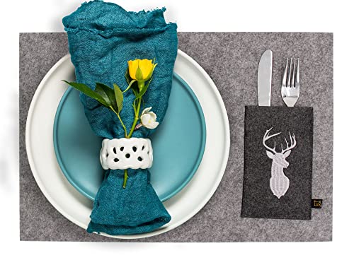 Filz Platzset Motiv Hirsch 4er Set 45x30cm, waschbar, Platzmatten graumeliert mit edel bestickter Bestecktasche. Designer Tischset für Innen & Außen von Luxflair