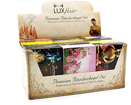 Luxflair Premium Räucherkegel/Räucherkerzen Mischung 12 x 20 Stück in der XXL Großpackung. Klassisch, blumig, fruchtig, weihnachtlich. Sparpack inklusive Kegelhalter. von Luxflair